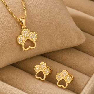 Conjunto Patinha Pet com Pedra de Zircônia Banhado a Ouro 18K