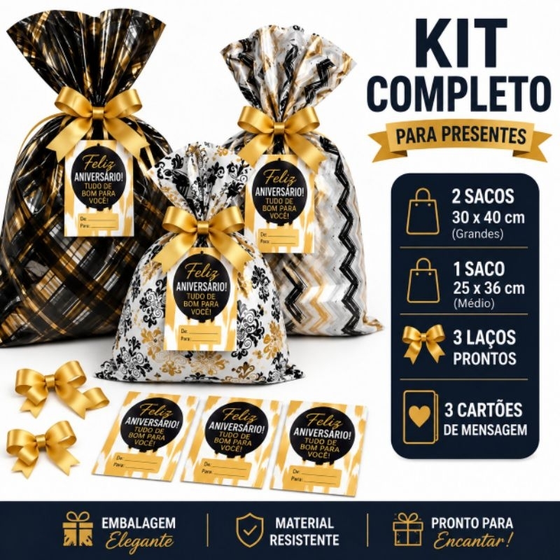 Kit Embalagem para Presente Completo 3 Saquinhos de Presente M Com Fita e Tag Aniversario
