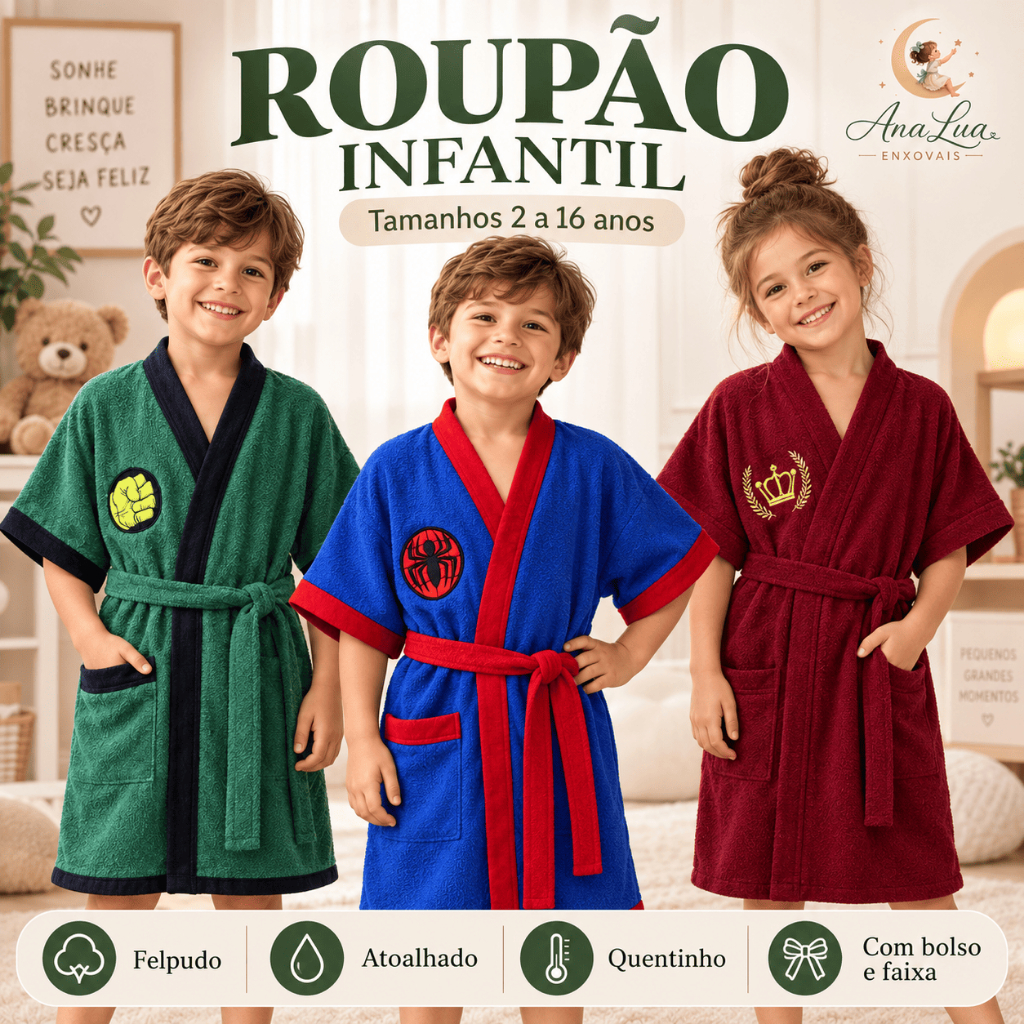Roupão Infantil Juvenil Felpudo Atoalhado com Bordado e Bolso Menino Menina 2 a 16 Anos
