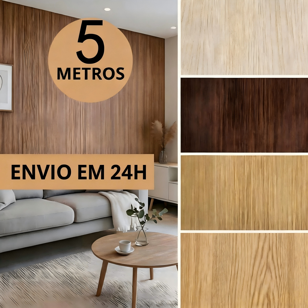 Papel Adesivo Madeira 5 Metros x 45cm Realista 3D para Decoração de Ambiente, Envelopamento de Móveis