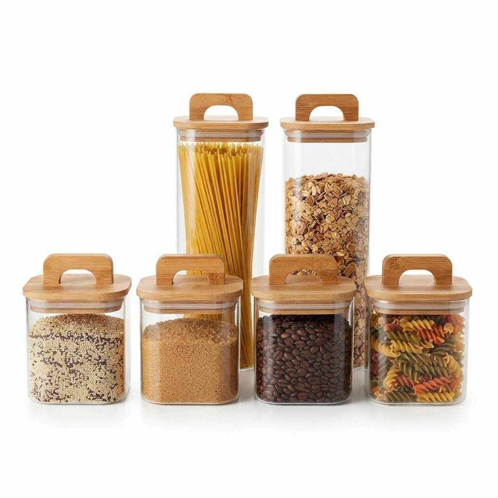 Kit Potes Mantimento Hermético Vidro Borossilicato Quadrado Vedação Tampa Bambu