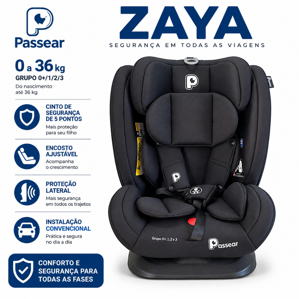 Cadeira Infantil Para Carro Zaya Ajustável de 0 a 36kg Auto Preta - Passear