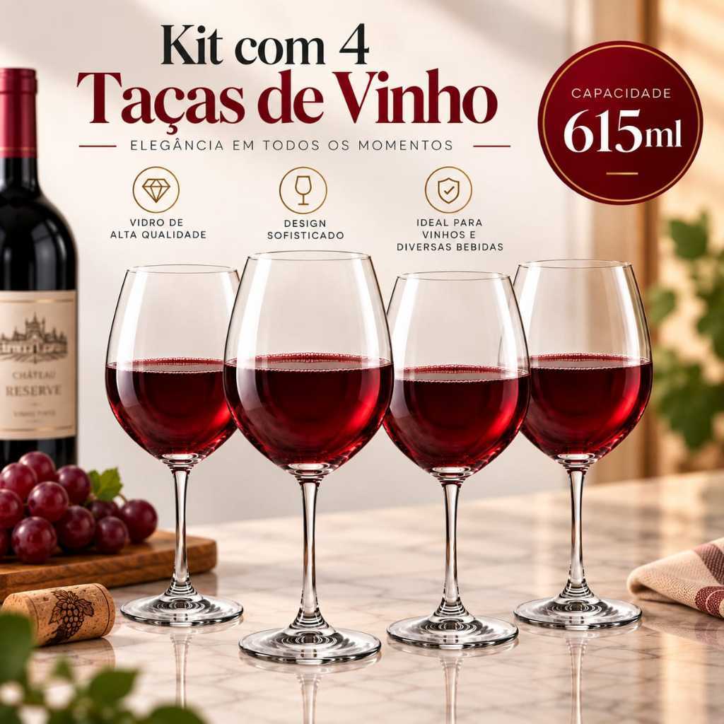 Jogo Taças Kit Com 4 Taças Cristal Premium Vinha Luxo Taça Grande Kit Com 4 Taças 615 ML