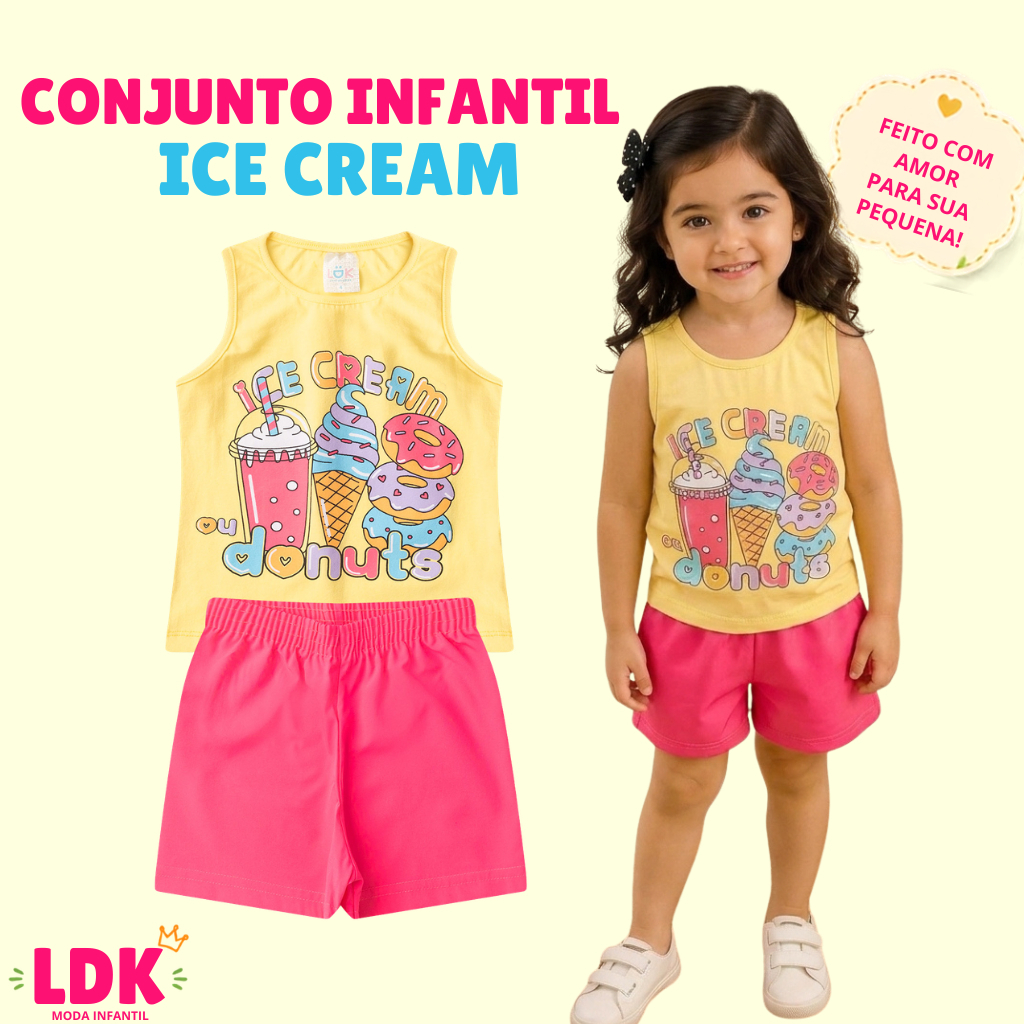 Conjunto Infantil Verão Menina Estampado Ice Creem Donuts Feminino 04 a 10 Anos Confortável Fresco