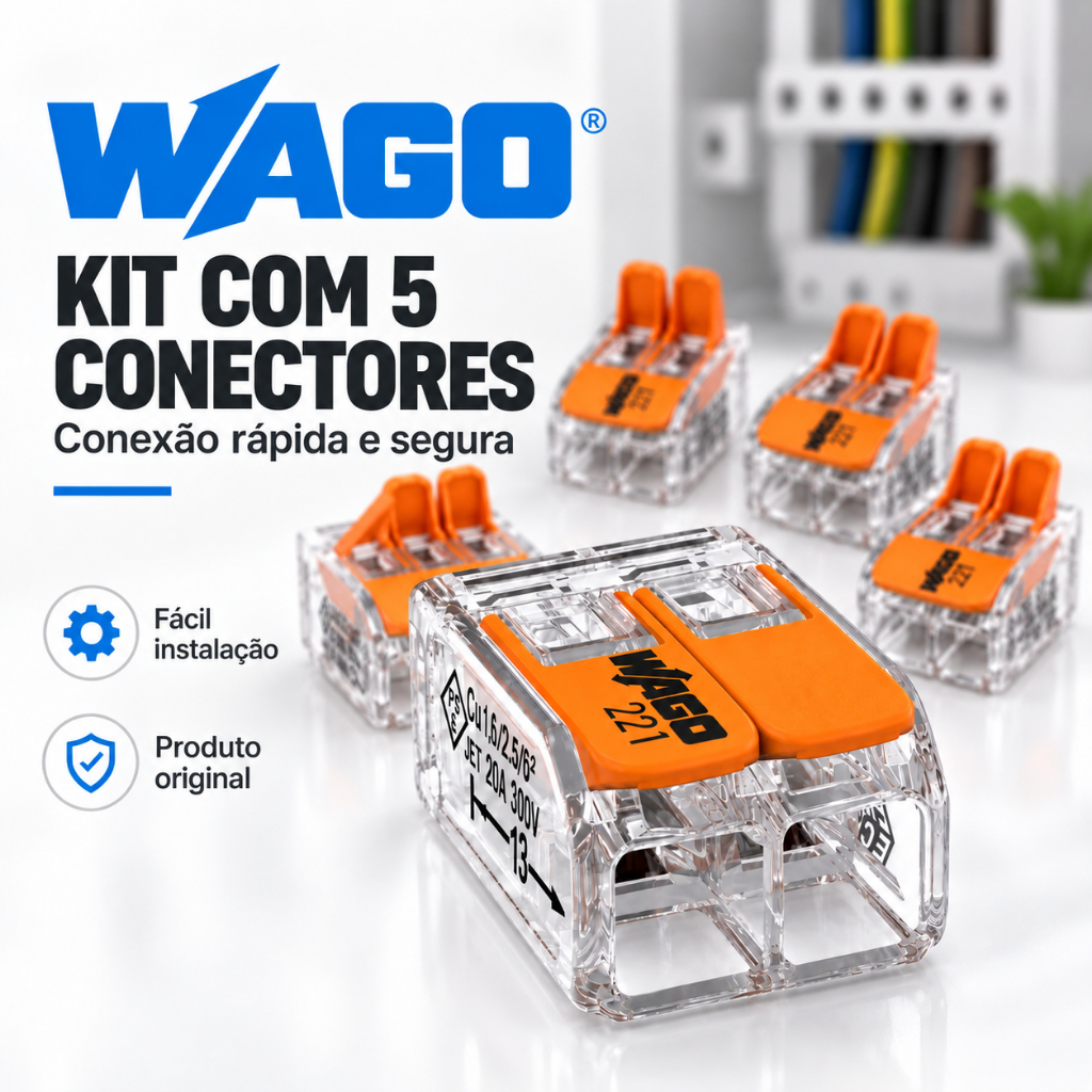 Kit 5 Conectores Wago 221 para Fios 2 3 5 e 10 Vias até 6mm²