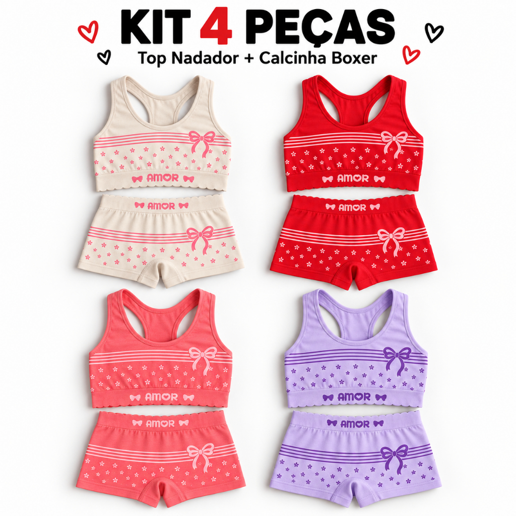 Kit 4 Peças Conjunto Infantil Feminino Top Nadador e Calcinha Boxer Estampado 4 a 11 Anos
