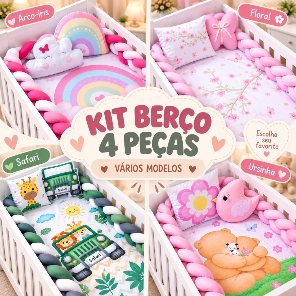 Kit Berço Padrão Americano e Nacional Trança 4 metros Lençol Almofada Bordada e Estampada 4 peças