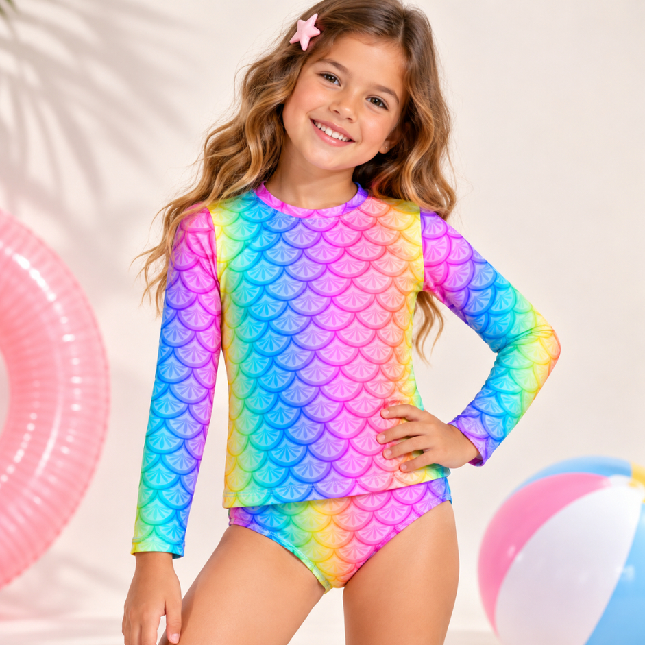 Biquini Conjunto Blusa Manga Longa Proteção UV Infantil 2026 / Conjunto Praia Menina Verão