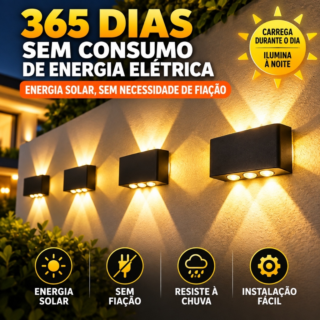 Luminária Solar de Parede LED IP65 Luz Quente 6/8/10 LEDs Automática para Jardim Varanda Quintal Arandelas