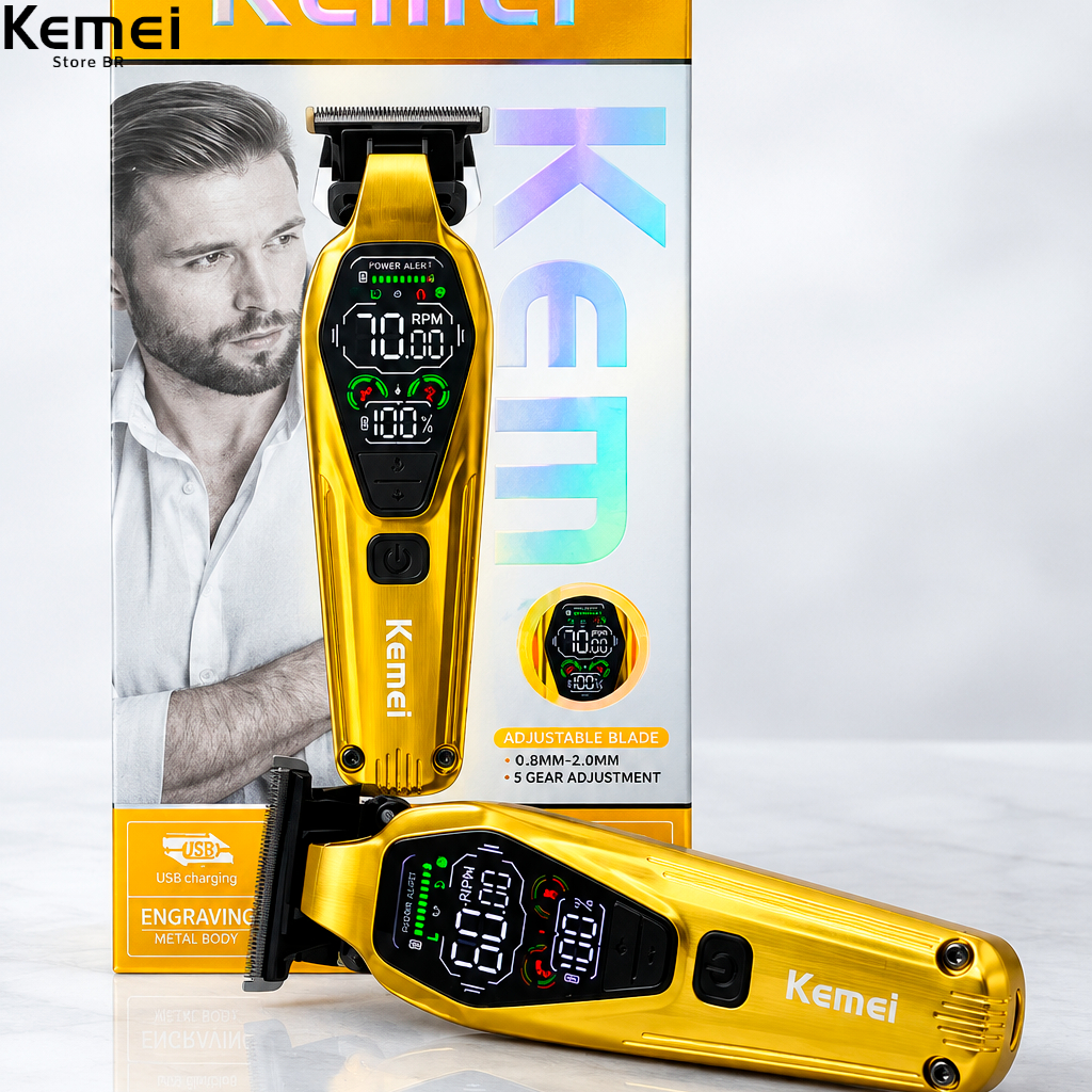 Aparador de barba Kemei 1697 9000 RPM lâmina totalmente metálica com revestimento DLC visor LED