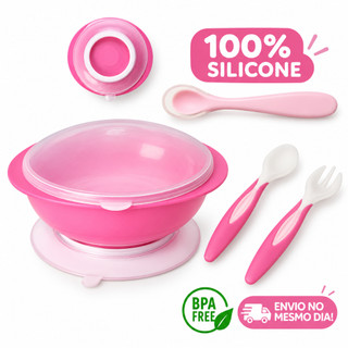 Kit Prato com Tampa Ventosa Colher e Garfo + Colher silicone Para Bebê