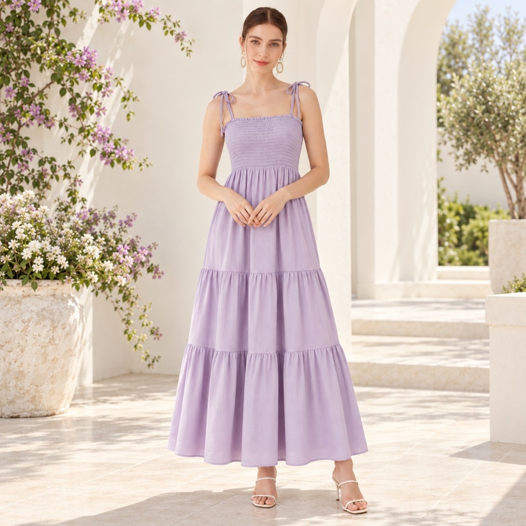 Vestido Longo Feminino com Alças de Amarrar Lastex no Busto Saia em Camadas Verão Casual Elegante - PROMOÇÃO