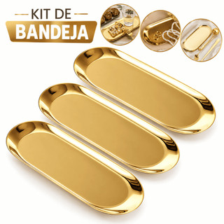 Bandeja Dourada Aço Inox Decorativa Multiuso Porta Joias Perfumes Café Banheiro Lavabo