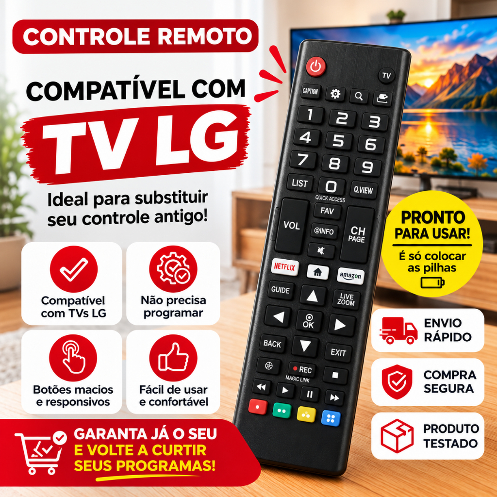 Controle Compatível TV LG Universal para TVs LED, 4K e Antigas | Netflix e Amazon | Pronto para Uso mais Pilhas
