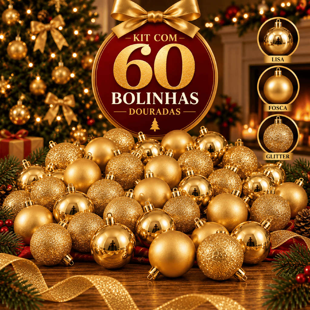 Kit 60 Bolas de Natal 5cm Lisas Fosca e com Glitter Vermelhas Enfeites para Árvore de Natal Decoração Natalina Bolinhas