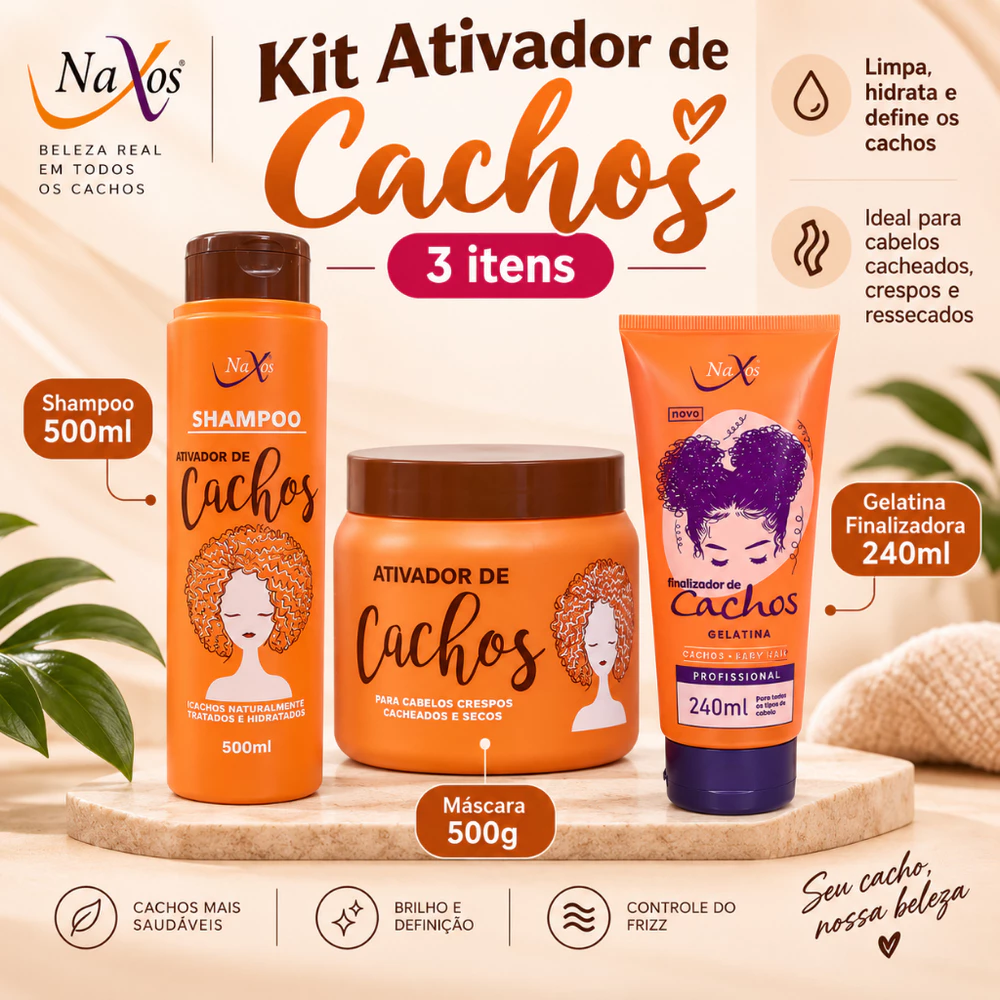 Kit Ativador de Cachos Naxos Shampoo 500ml + Máscara 500g + Gelatina Finalizadora 240ml