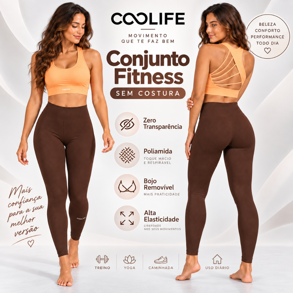 Conjunto Academia Feminino Marrom Top + Legging Poliamida Canelada Sem Costura Bojo Removível Zero Transparência COOLIFE