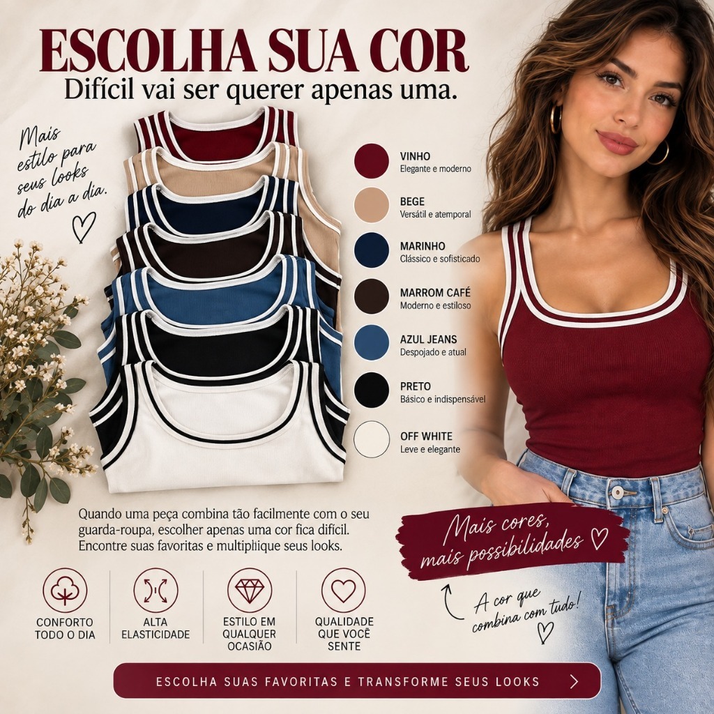 Regata Blusa Feminina Bicolor Canelada Ribana Algodão com Elastano Básica Casual