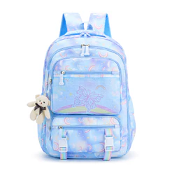 Mochila Escolar Infantil Feminina para Menina, Grande Capacidade, Abertura 180°, Vários Bolsos com Chaveiro de Ursinho