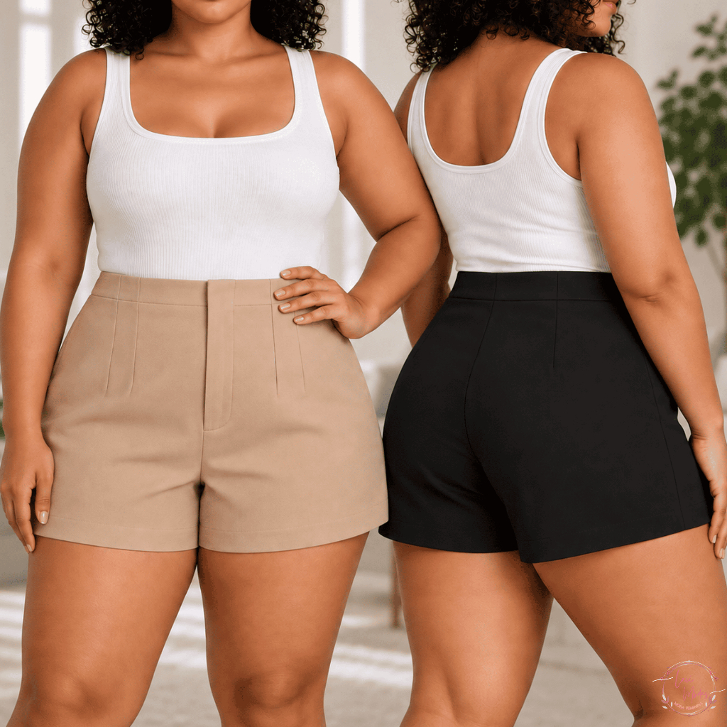 Short Alfaiataria Plus Size Feminino Cintura Alta Com Ziper  Lateral