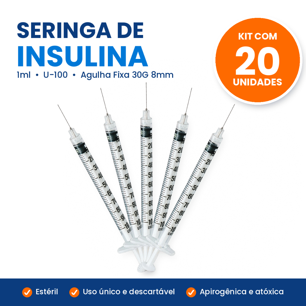 Kit 20 Seringas Insulina 1ml Agulha Fixa 8mmx0,3,0mm U-100 Descartável Estéril Uso Único Venper