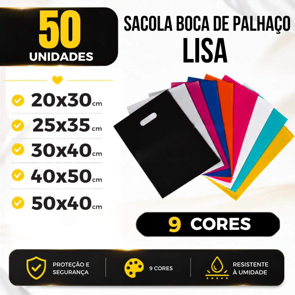 Kit 50 Sacola Boca de Palhaço 20x30 25x35 30x40 40x50 50x40 Sacolinha para Lojas Sacolas Boca de Palhaço
