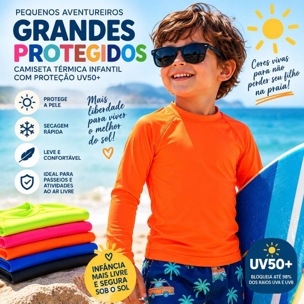 Camiseta Térmica Infantil Protecao UV50+ Manga Longa Menino Menina Praia Piscina Passeio Verão Sol