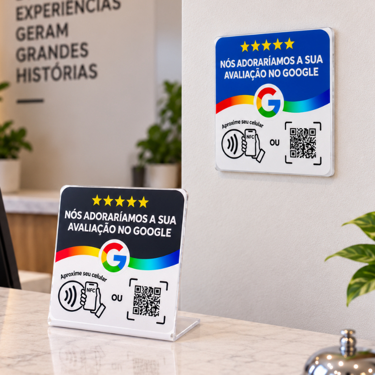 Placa Avaliação Google NFC Qr Code 10x10cm Dupla Face Empresa Comércio