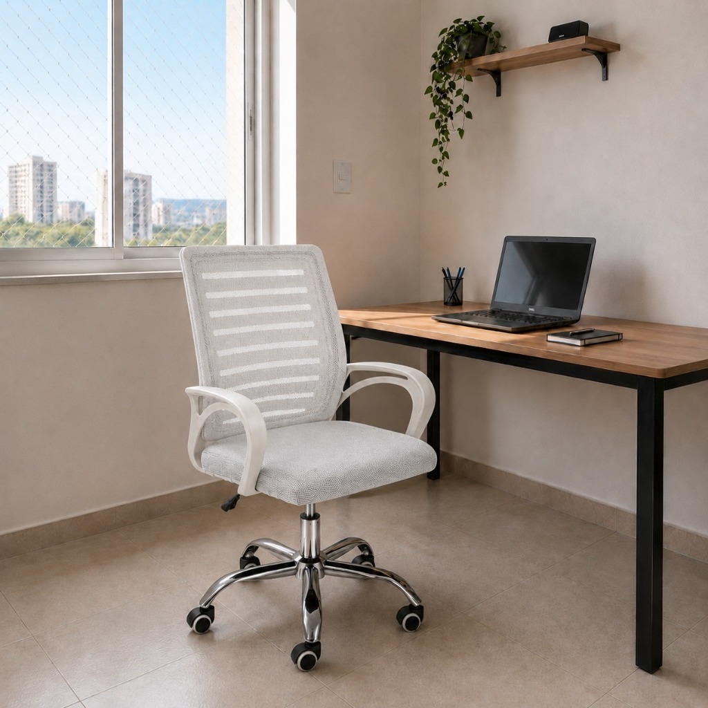 Cadeira Roma Mesh: Ergonômica, Ajuste de Altura, Giratória, Base Cromada, até 120kg Branca