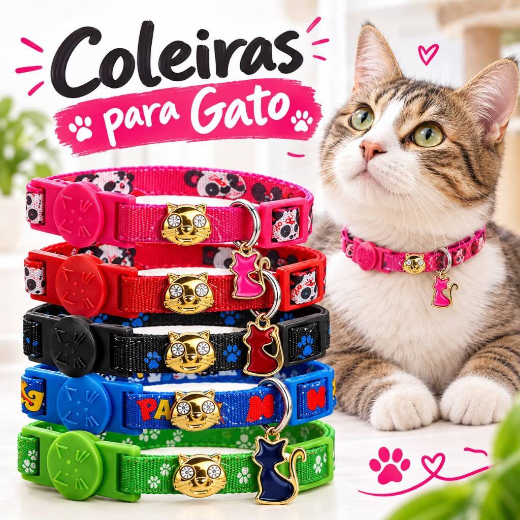 Coleira Gato Anti Enforcamento Ajustável Elástica com Pingente Fofo Segurança para Pet Material Leve