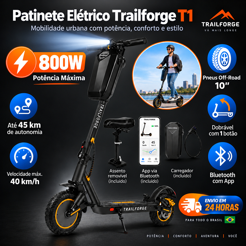 Patinete Elétrico Trailforge T1 800W 10 Polegadas Bateria 12.5AH Autonomia 45km Bluetooth Dobrável
