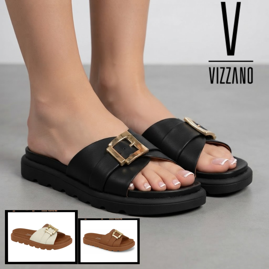 Sandália Feminina Vizzano Papete Flatform Tratorada com Fivela Detalhe Dourado Casual Confortável Original