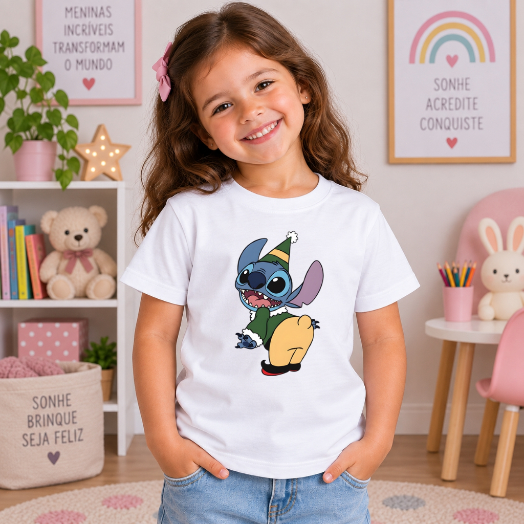 Camiseta Infantil Stitch Natal Juvenil Feminina 100% Algodão Estampa DTF Premium Confortável Casual