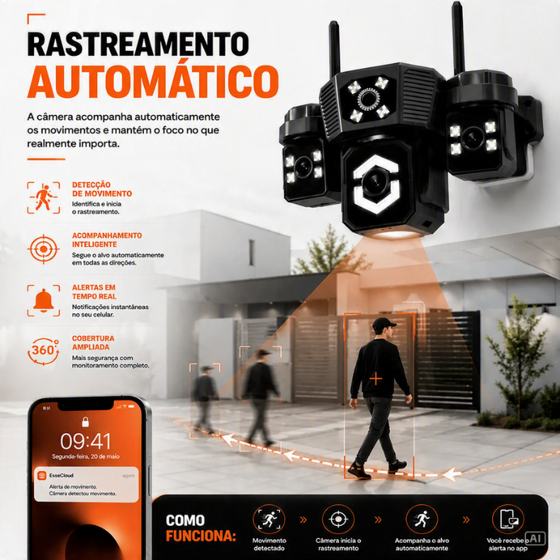 Câmera de Segurança Wi-Fi 6MP com 3 Lentes Dual Band 2.4G/5.8G Visão Noturna Colorida Áudio Detecção de Presença