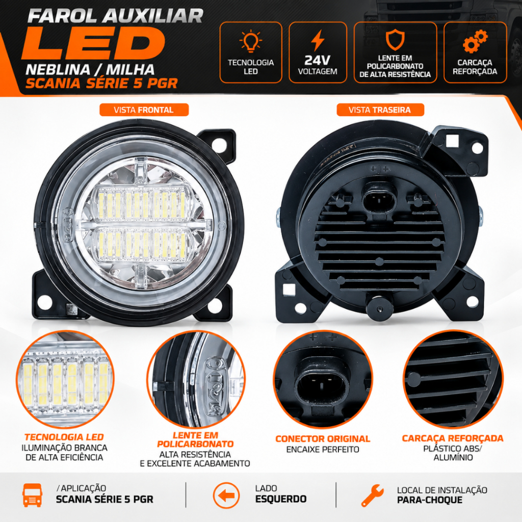 Farol Auxiliar Neblina Milha Led Scania Série 5 PGR  L/E — foto 2