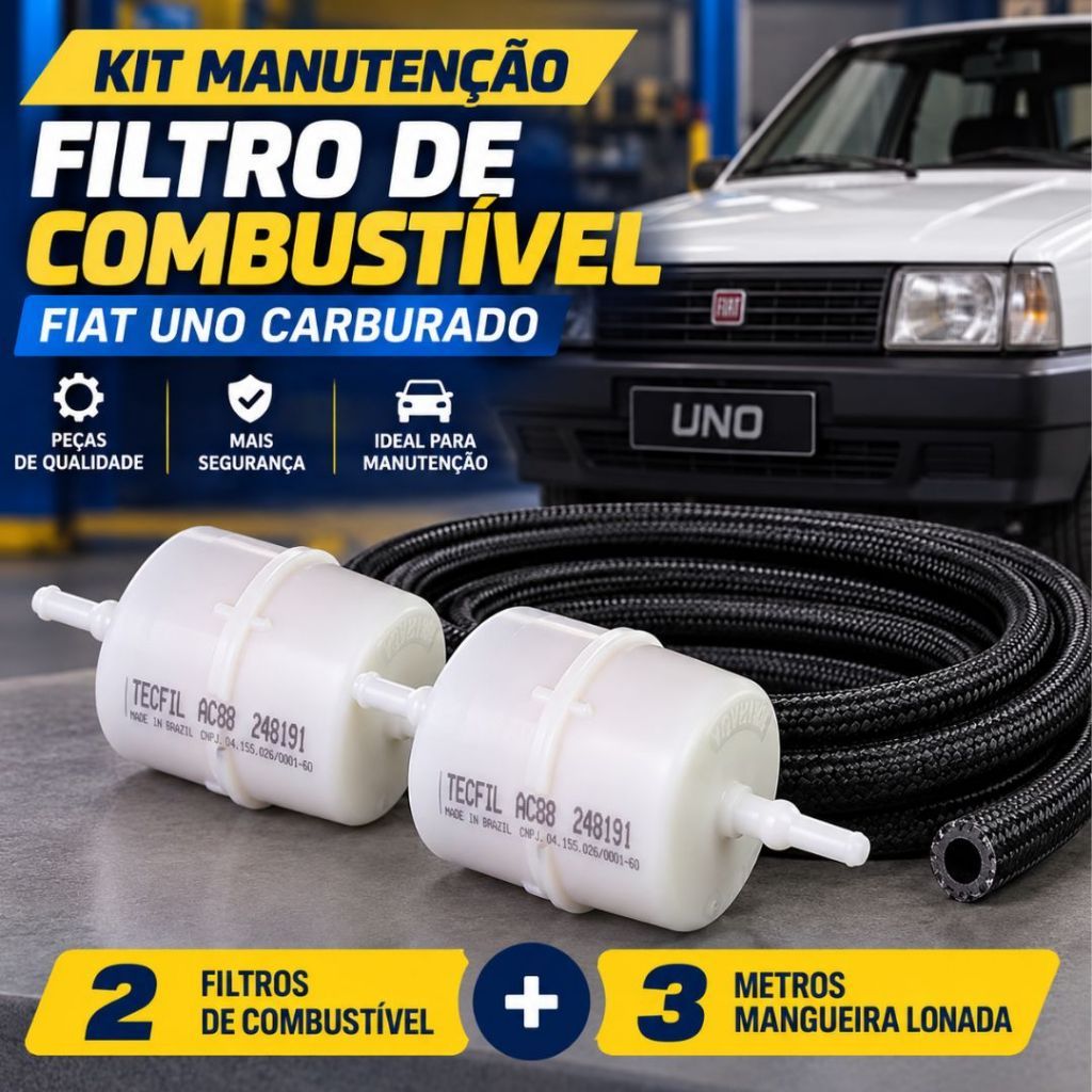 Kit Manutenção Filtro de Combustível Fiat Uno Carburado / 2 Filtros - 3 Metros Mangueira Lonada