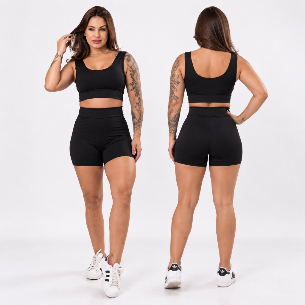 Conjunto Short Cintura Alta e Top Academia Sem Bojo Suplex Moda Feminina Verão