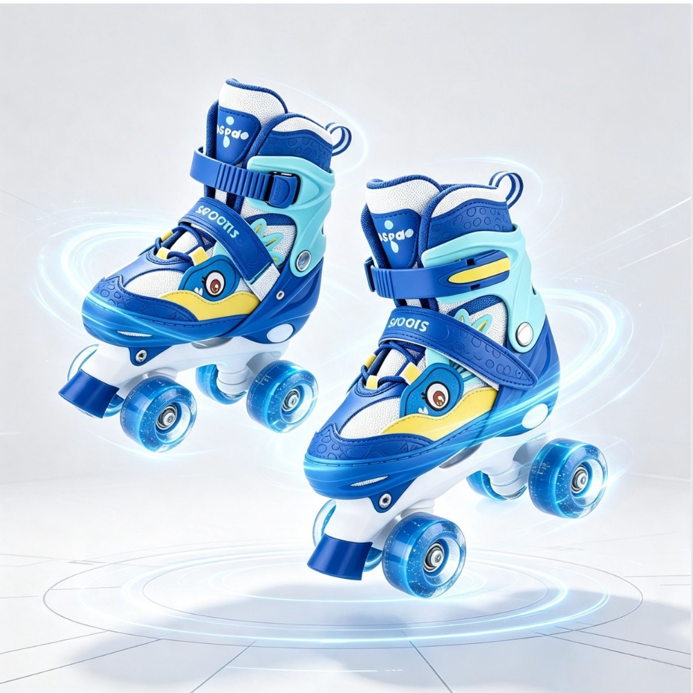 Patins Infantil Azul Dinossauro Com LED Patins De 4 Rodas Meninos Ajustavel Com Freios