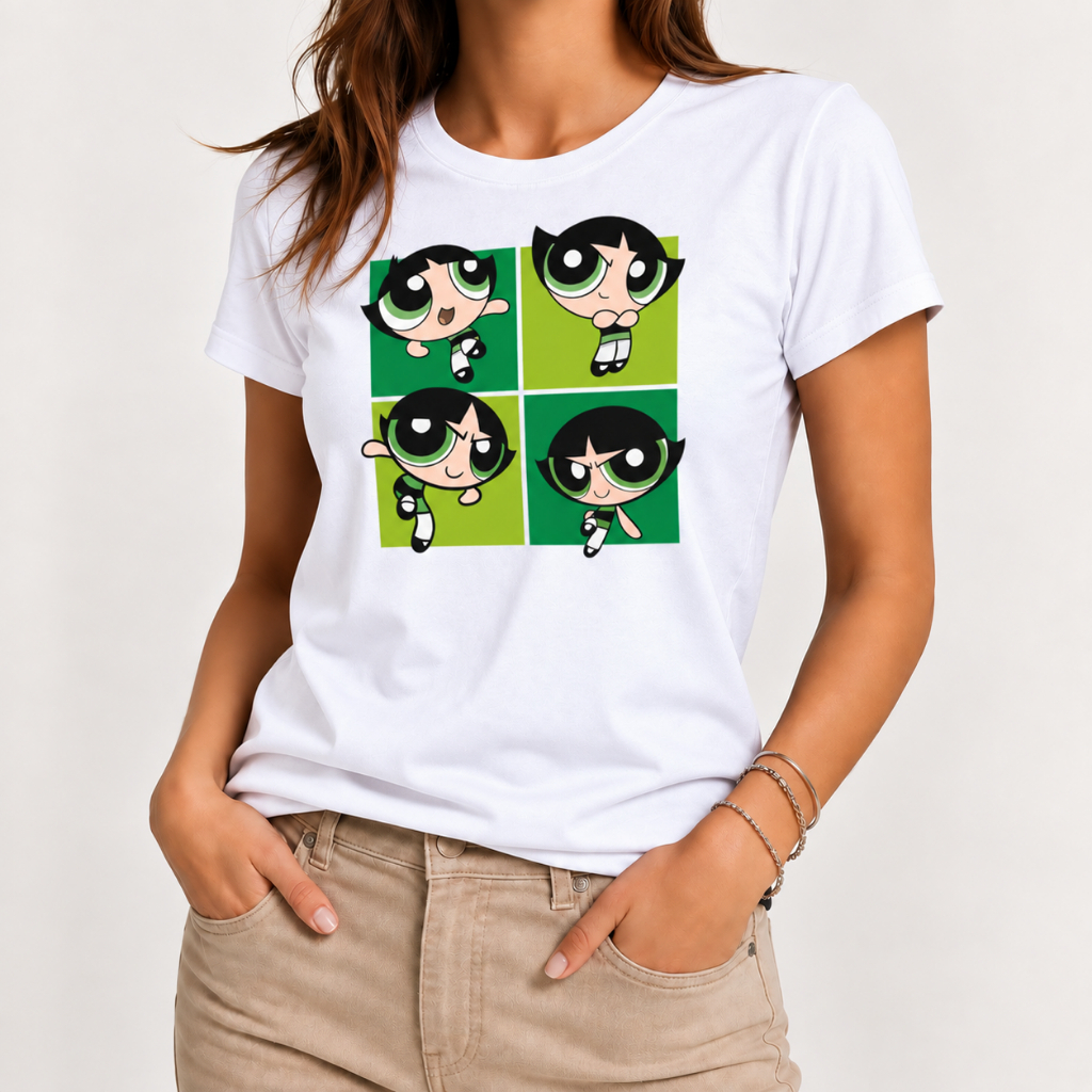 Camiseta Babylook Blusa Branca Feminina Estampa Alegre Desenho Meninas Superpoderosas Businha Manga Curta