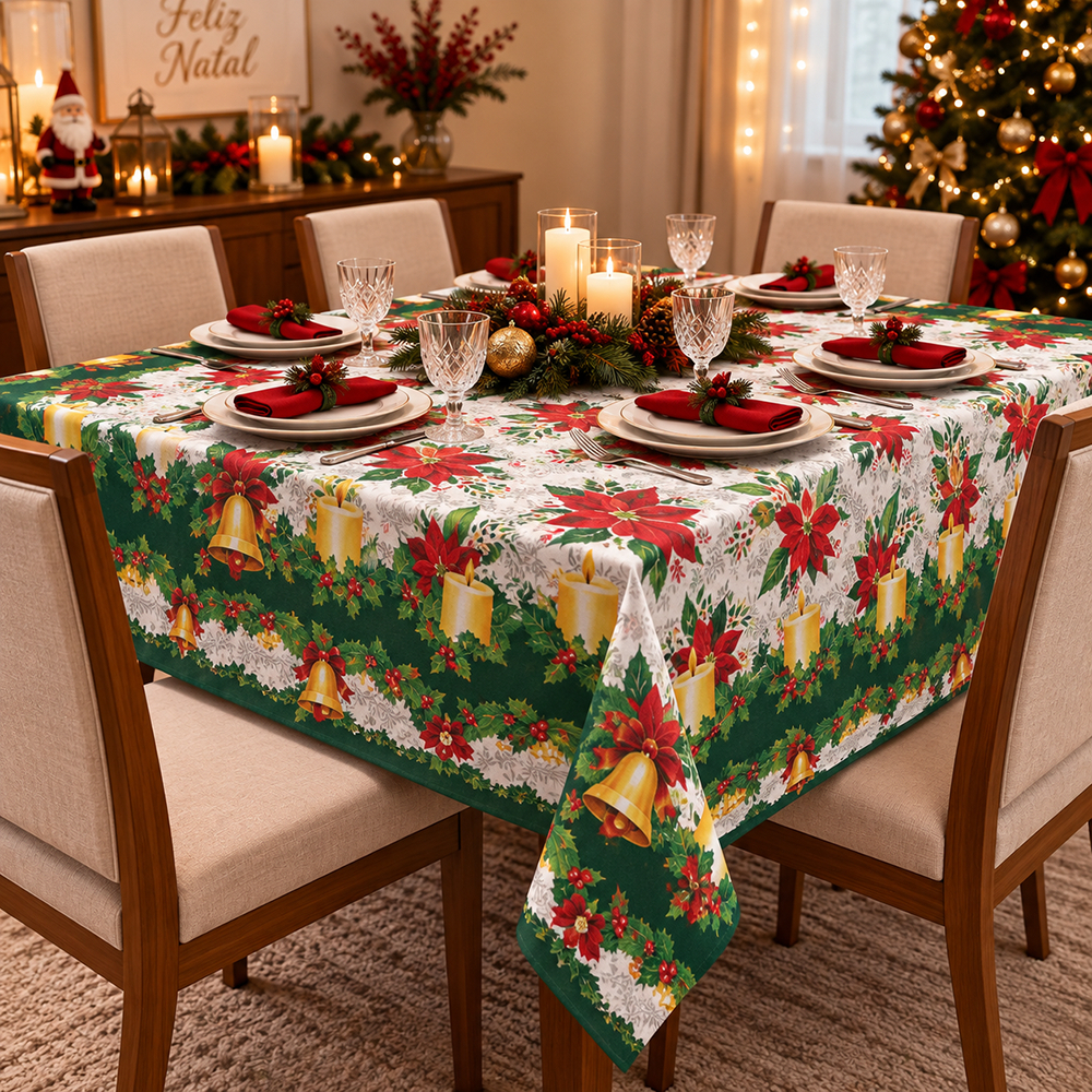 Kit 4 Toalhas De Mesa Natal 6 Lugares Retangular Oxford Estampadas Sortidas 2,00m x 1,45m