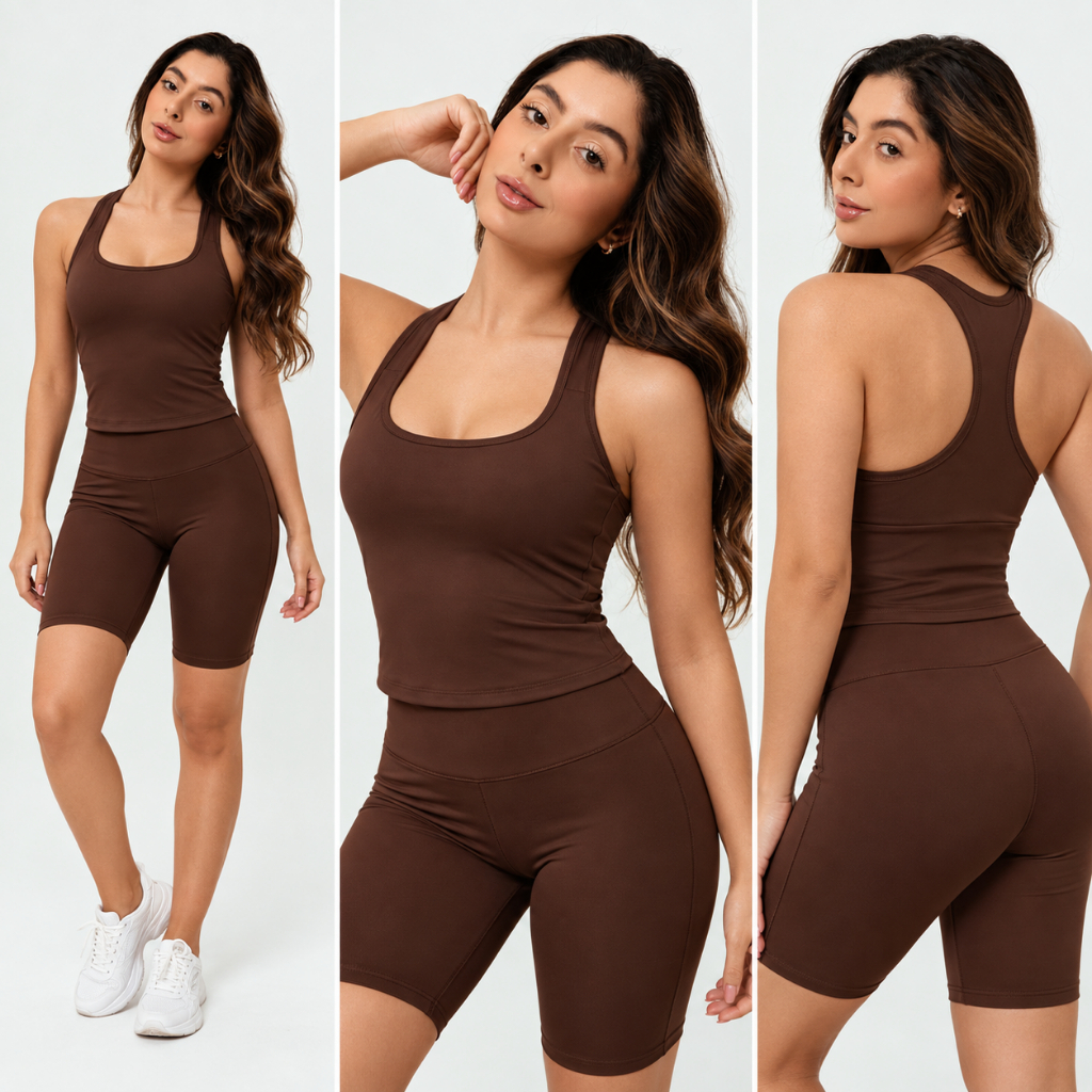 Conjunto Fitness Feminino Academia Top e Bermuda Ciclista Cintura Alta Modelador