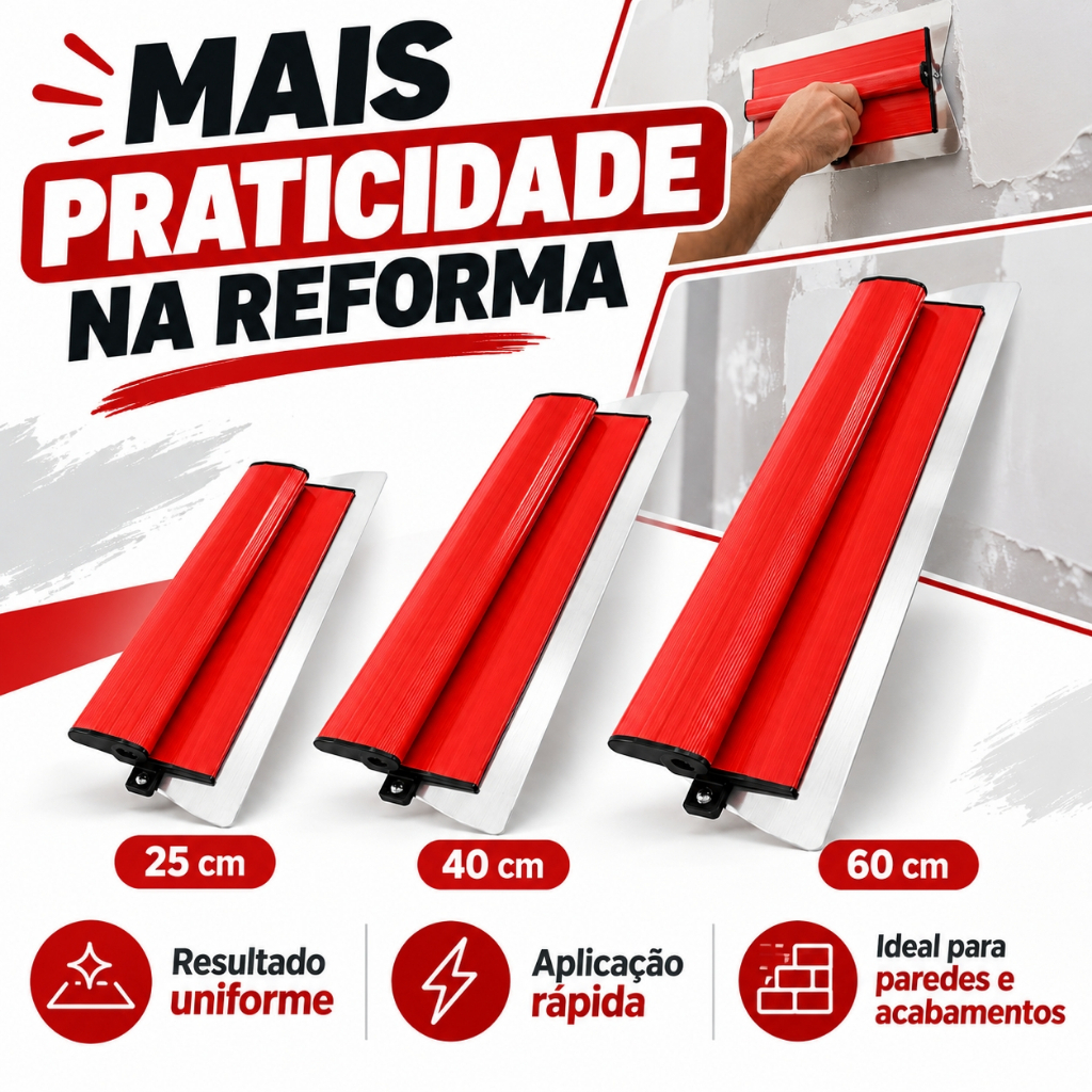 Desempenadeira Aço Inox 60/40/25cm com Lâmina Flexível Lisa Para Massa Corrida
