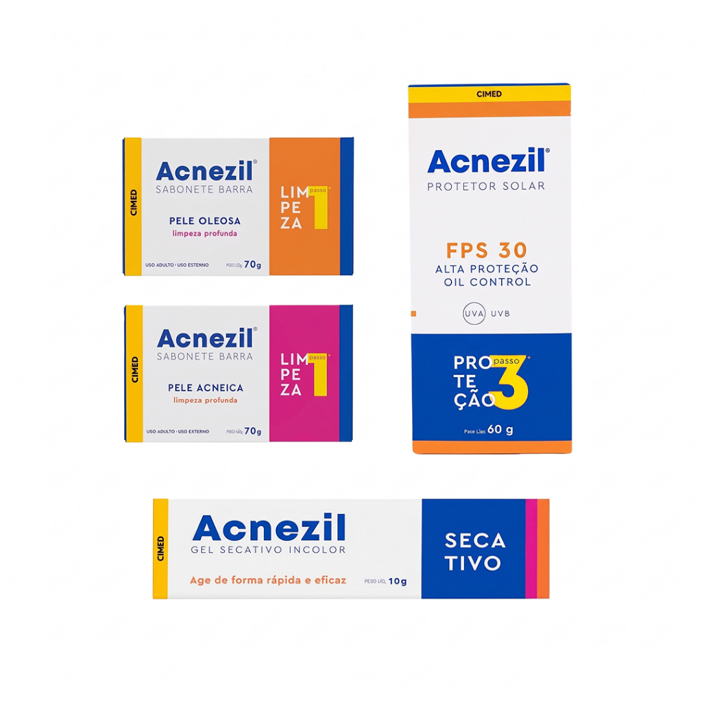 Kit Acnezil C 2 Sabonetes em  Barra E 1 Protetor Sol + 1 Gel Secativo CIMED