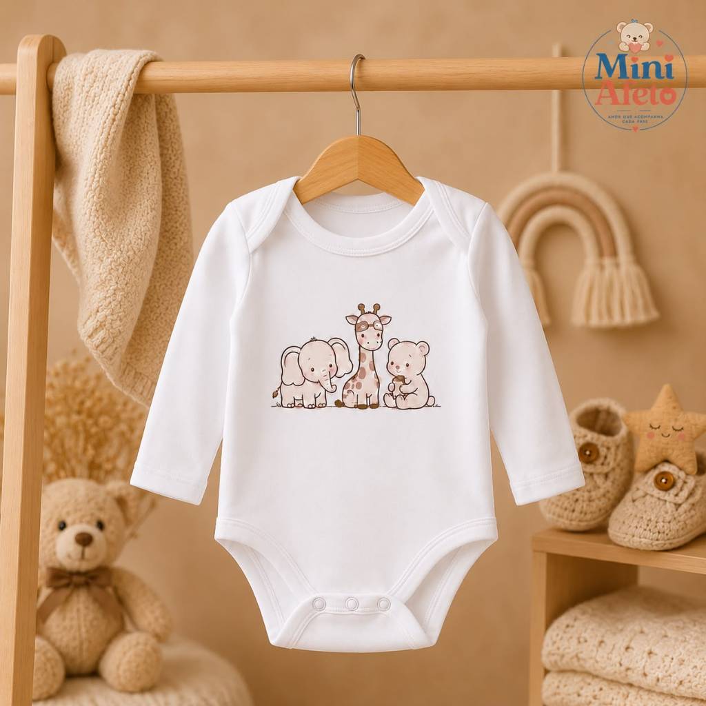 Body Bebê Manga Longa Estampa Bichinhos Safari Elefante Girafa Urso Algodão Roupa Infantil Menino Menina Enxoval Macacão