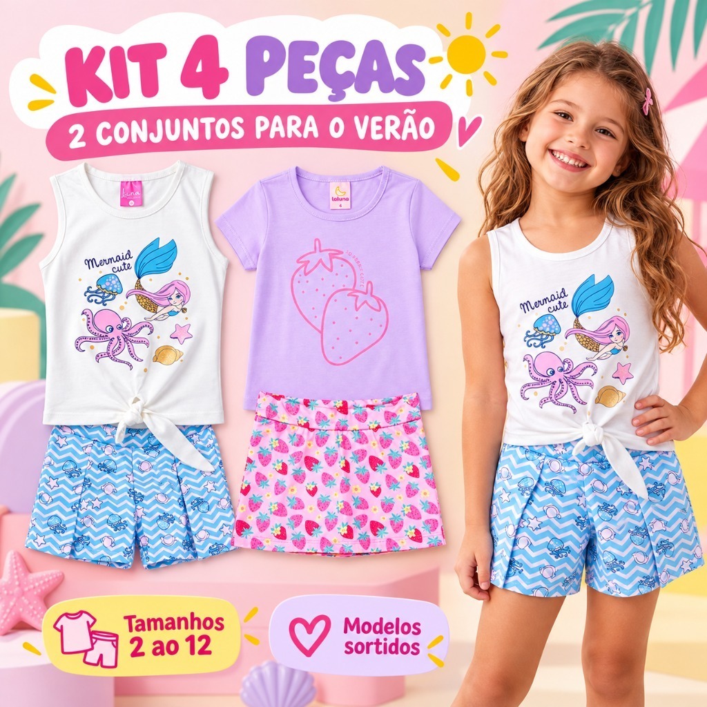 Kit Sortido 4 Peças de Roupas Infantil Menina 2 Camisetas + 2 Bermudas - Kit com 2 Conjuntos de Roupa Infantil Verão