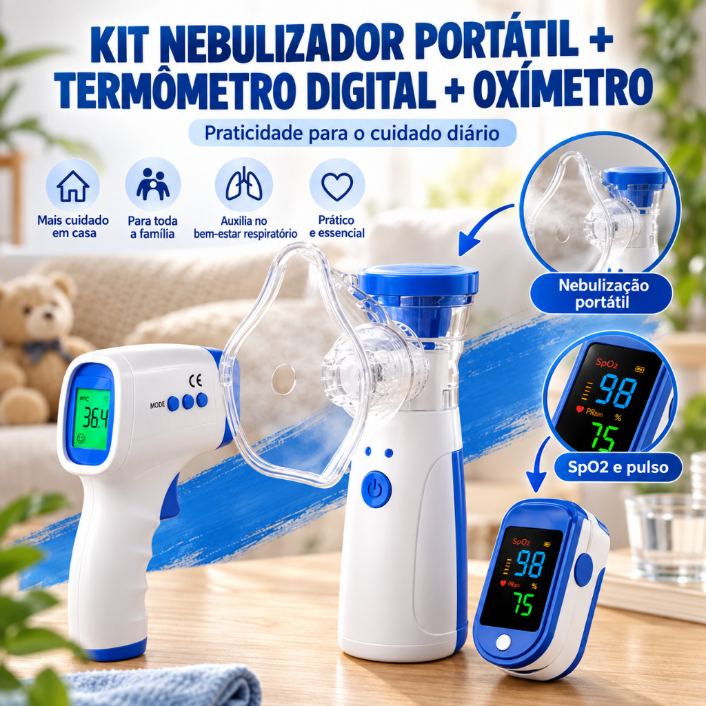 Kit Nebulizador Portátil Mesh + Termômetro Infravermelho Digital + Oxímetro de Dedo Medidor SpO2 e Pulso 3 em 1