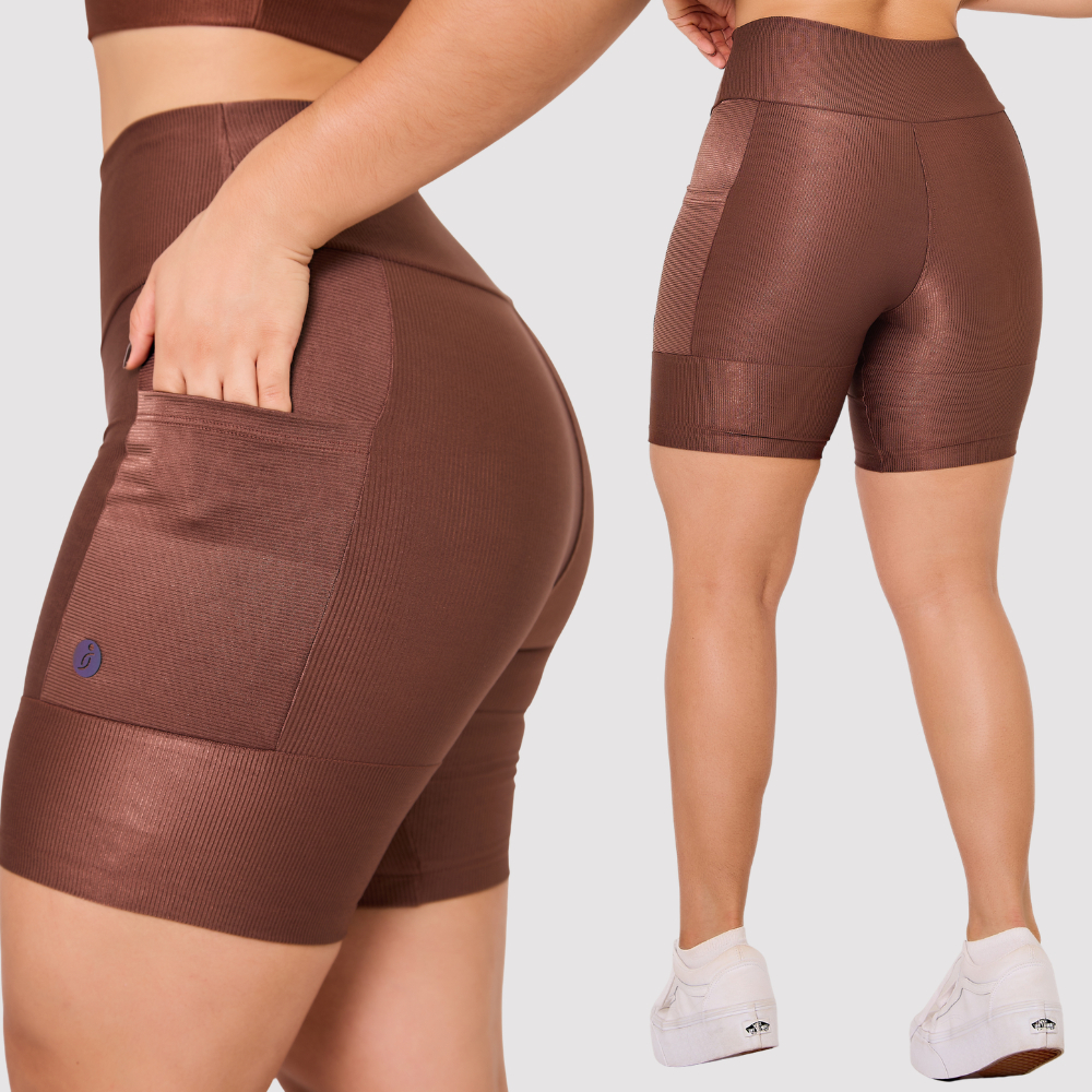 Bermuda Short Legging Canelado Cintura Alta Zero Transparecia Bolso Feminino  Corrida