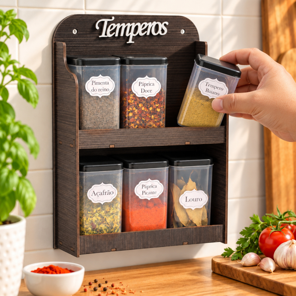 Porta Temperos 6 Potes de Parede MDF Madeira Organizador de Condimentos Cozinha Mesa com Suporte