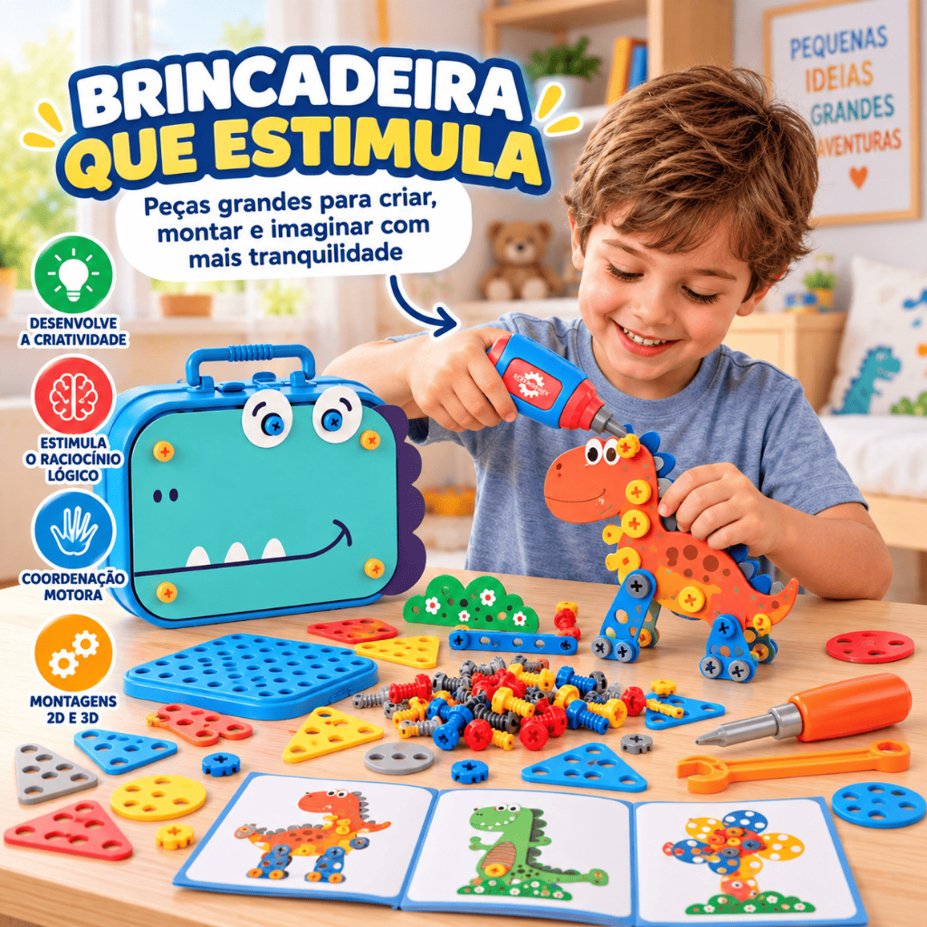 Brinquedo de Montar Dinossauro 283 Peças com Parafusadeira Elétrica Maleta e Ferramentas Infantil — imagem 2 de 2