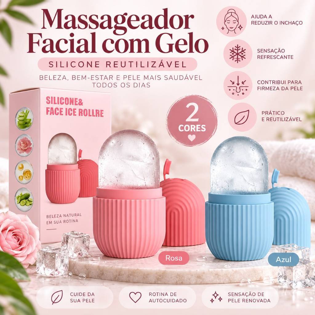 Massageador Facial de Gelo em Silicone Reutilizável para Skincare | Ice Roller Facial Rosa e Azul